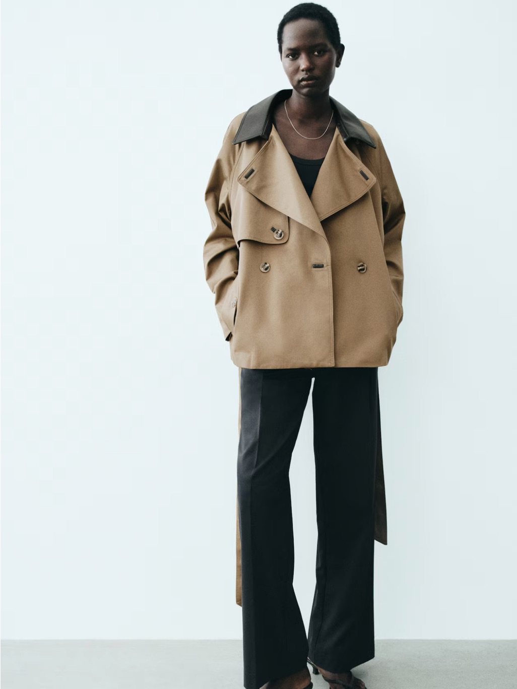 H&M Short Trench Coat Dark Beige W/ Coated Collar Sz L Nwt